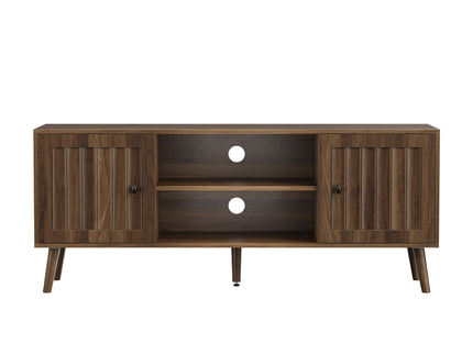 55" TV Cabinet With Vertical Groove Doors, Adjustable Shelves - Walnut