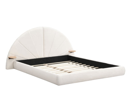 Queen Arched Bed With Small Table, Floor Standing Design - Beige