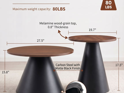 Nesting Coffee Table, Adjustable Foot Pads For Living Room (Set of 2) - Walnut / Black