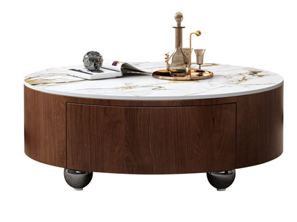 Round Coffee Table With 2 Drawers For Living Room - Walnut Brown / White / Multi
