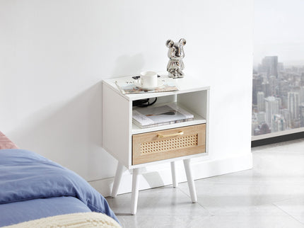 15.75" Rattan End Table With Power Outlet & USB Ports, Modern Nightstand With Drawer And Solid Wood Legs, Side Table For Living Room, Bedroom