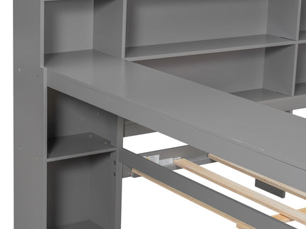 Platform Bed With Upholstered Headboard, Storage Shelves, Drawers, Charging Station, LED Lighting, Built In Desk