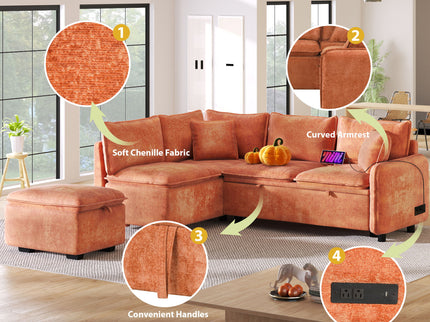 Convertible Sofa Bed Sectional Sofa Sleeper L-Shaped Sofa With A Storage Ottoman, Two Pillows, Two Power Sockets And Two USB Ports For Living Room
