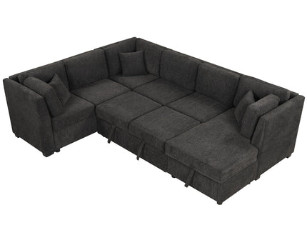 U-Shaped Sectional Sofa Pull Out Sofa Bed With Two USB Ports, Two Power Sockets, Three Back Pillows And A Storage Chaise For Living Room