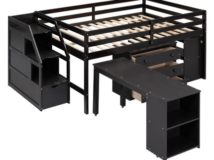 Loft Bed With Retractable Writing Desk And 3 Drawers With Storage Stairs And Shelves