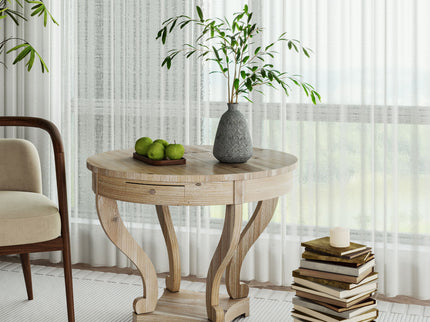 Curved Legs Farmhouse Style Small Size Round Dining Table End Table Side Table Coffee Table For Dinette, Kitchen, Dining Room Or Living Room - Natural Wood Grain Distressed