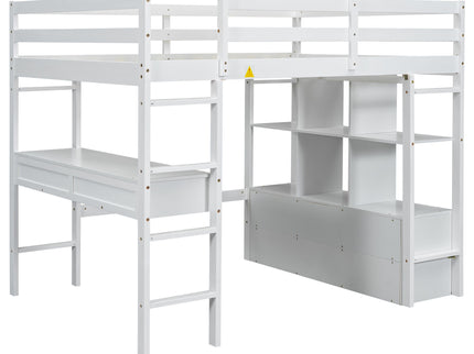 Full Size Loft Bed With Built In Desk, 2 Drawers, Storage Shelves - White