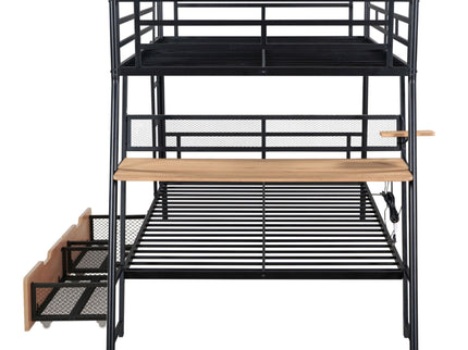 Full Size Bunk Bed With Built In Desk, Light, And 2 Drawers - Black