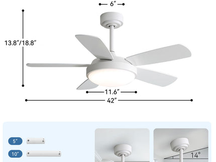 42" Ceiling Fan With 22W LED Light And Remote Control Blades Reversible DC Motor - White