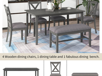 6 Piece Rectangular Dining Table Set With 4 Chairs And Bench