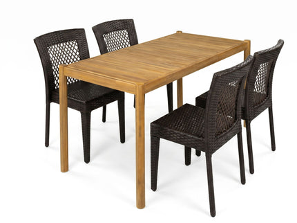 5 Piece Patio Dining Set With Chairs, Outdoor Furniture - Brown Multi / Light Teak