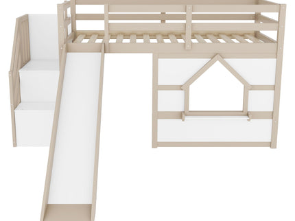 Loft Bed With Storage Stairs, Slide, Playhouse Window And 7 Colors LED Lights