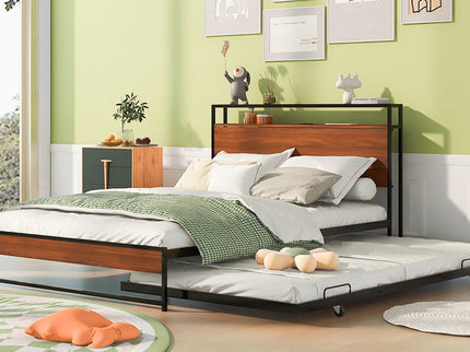 Platform Bed Frame With Trundle, USB Ports And Slat Support, No Box Spring Needed