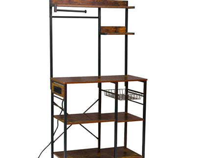 Bakers Rack With Power Outlet, Coffee Bar With S-Shaped Hooks, Kitchen Shelf With Wire Basket - Black / Brown