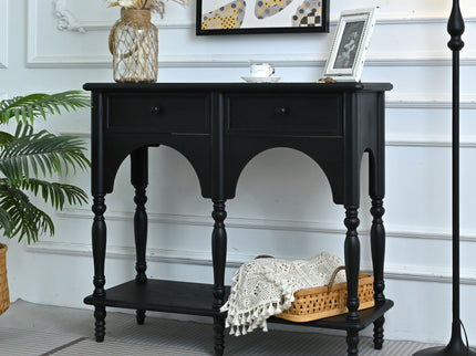 Accent Carved Console Table With Open Shelf And 2 Drawers For Living Room - Black
