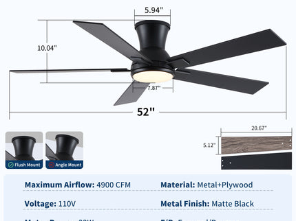 Low Profile Flush Mount Intergrated LED Ceiling Fan With Light And Reversible Quiet Motor