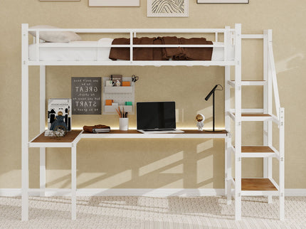 Loft Bed & L-Shaped Desk, Large Storage Space