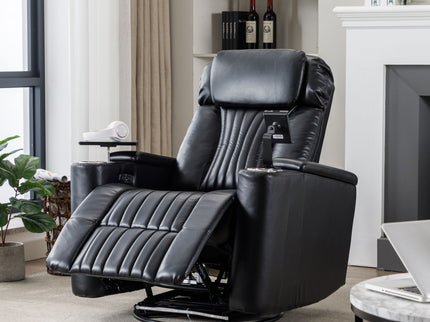 270° Power Swivel Recliner Home Theater Chair With Hidden Arm Storage, LED Light, Cup Holder, And Tray Table
