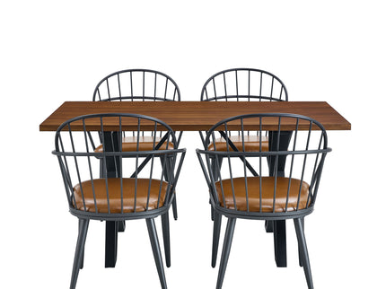 5 Piece Industrial Style Indoor Upholstered Dining Set With Metal Legs - Brown