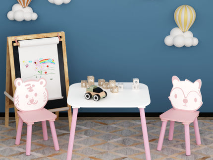 Table And Chair Set, 3 Piece Wooden Toddler Desk With Animal Backrest - Pink / White