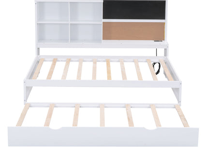 Twin Size Daybed With Storage Shelvesboard, Cork Board, USB Ports And Trundle - White
