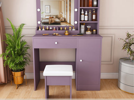 Vanity Desk Set With Padded Stool And Adjustable LED Mirror, 3 Color Light Modes - Purple