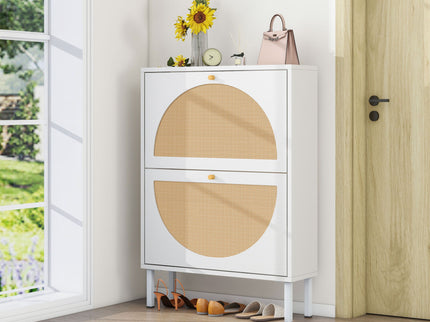 2 Door Shoe Rack, Rattan, Double Layer, Suitable For Living Room, Hallway - White