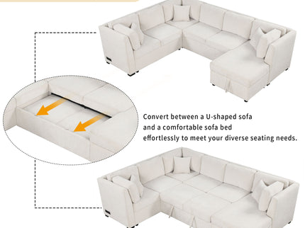 U-Shaped Sectional Sofa Pull Out Sofa Bed With Two USB Ports, Two Power Sockets, Three Back Pillows And A Storage Chaise For Living Room