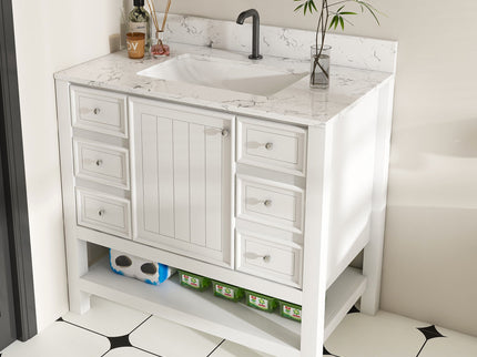 37" Bathroom Vanity, Multi Functional Cabinet With Doors And Drawers, Frame, Single Faucet Hole - White