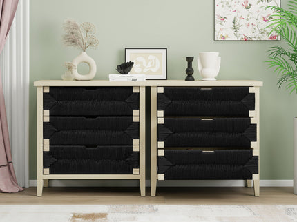 3 Drawer Buffet Sideboard With Adjustable Shelves, Storage Cabinet With Natural Seaweed Decor Doors For Living Room Kitchen Entryway - Natural