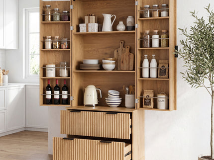 Fluted Kitchen Pantry Cabinet With 2 Large Drawers & 8 Door Spice Rack Freestanding Storage Organizer - Oak