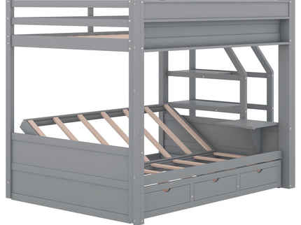 Wood Full Size Convertible Bunk Bed With Storage Staircase, Bedside Table, And 3 Drawers - Gray
