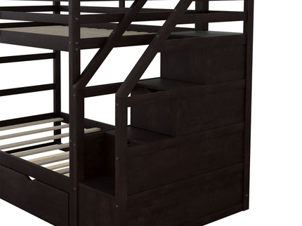 Twin Over Twin Bunk Bed With Twin Size Trundle And 3 Storage Stairs - Espresso
