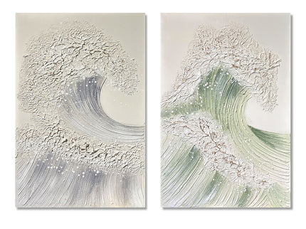 Ocean Wave Wall Art, Textured Canvas Painting With Accents (Set of 2) - Sage Green+Gold