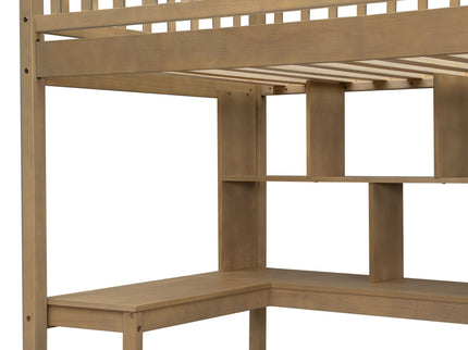 Loft Bed With Built In L Shaped Desk, LED Lights, Storage Shelves, Cabinets, And Staircase