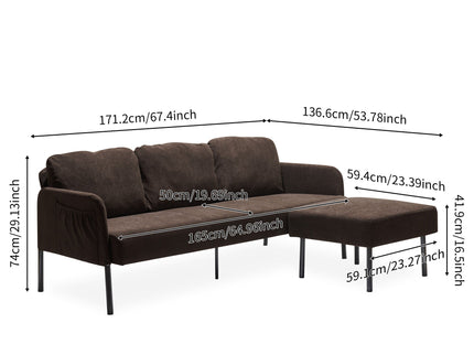 Modern L Shaped 3 Seater Sofa With Ottoman, Upholstered Couch For Small Spaces