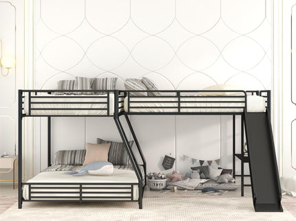 L-Shaped Twin Over Full Bunk Bed With Twin Loft, Built In Desk And Slide - Black