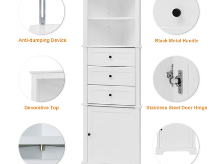 Tall Storage Cabinet With 3 Drawers And Adjustable Shelves For Bathroom