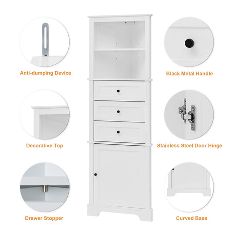 Tall Storage Cabinet With 3 Drawers And Adjustable Shelves For Bathroom