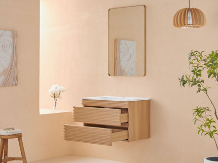 Wall Mounted & Floating Single Vanity With Ceramic Sink - Natural Walnut