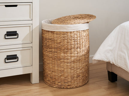 Round Tall Water Hyacinth Woven Wicker Laundry Hamper With Lid - For Clothes, Toys And Book Storage With Removable Liner - 15" X 15" X 20" - Natural Brown