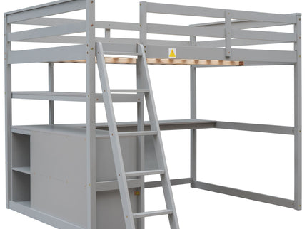 Modern Loft Bed With Built In Desk, Shelves, And 2 Drawers