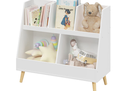Kids Bookshelf And Toy Organizer, 5 Cubbies Wooden Open Bookcase, 2-Tier Baby Storage Display Organizer With Legs, Free Standing For Playing Room, Bedroom, Nursery, Classroom - White