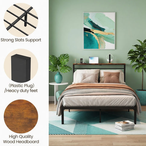 Platform Bed Frame With Charging Station & Headboard Shelves
