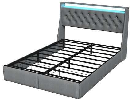 Floating Bed Frame With Rgb LED Light, 2 Storage Drawers & Headboard Shelf