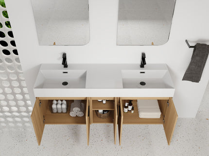 Floating Double Sink Bathroom Vanity With Extra Large Storage, Integrated Sink, Soft Close Doors, Wall Mounted Bath Vanity - Glossy White / Light Oak
