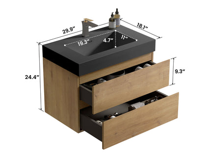 Alice - Natural Oak Bathroom Vanity With Sink, Large Storage Wall Mounted Floating Bathroom Vanity For Modern Bathroom, One-Piece Sink Basin Without Drain