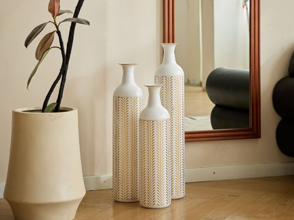 Floor Metal Vase Modern Style Decoration Home Metal Vase 3 Piece Set Gorgeous Home Decoration Large Glazed Metal Vase - Gold / White