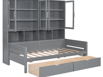 Daybed With Glass Door Storage Cabinets, Built In LED Lighting And Shelves