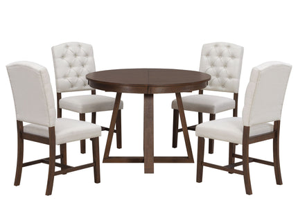 Dining Set With Leaf Round Table And 4 Upholstered Chairs